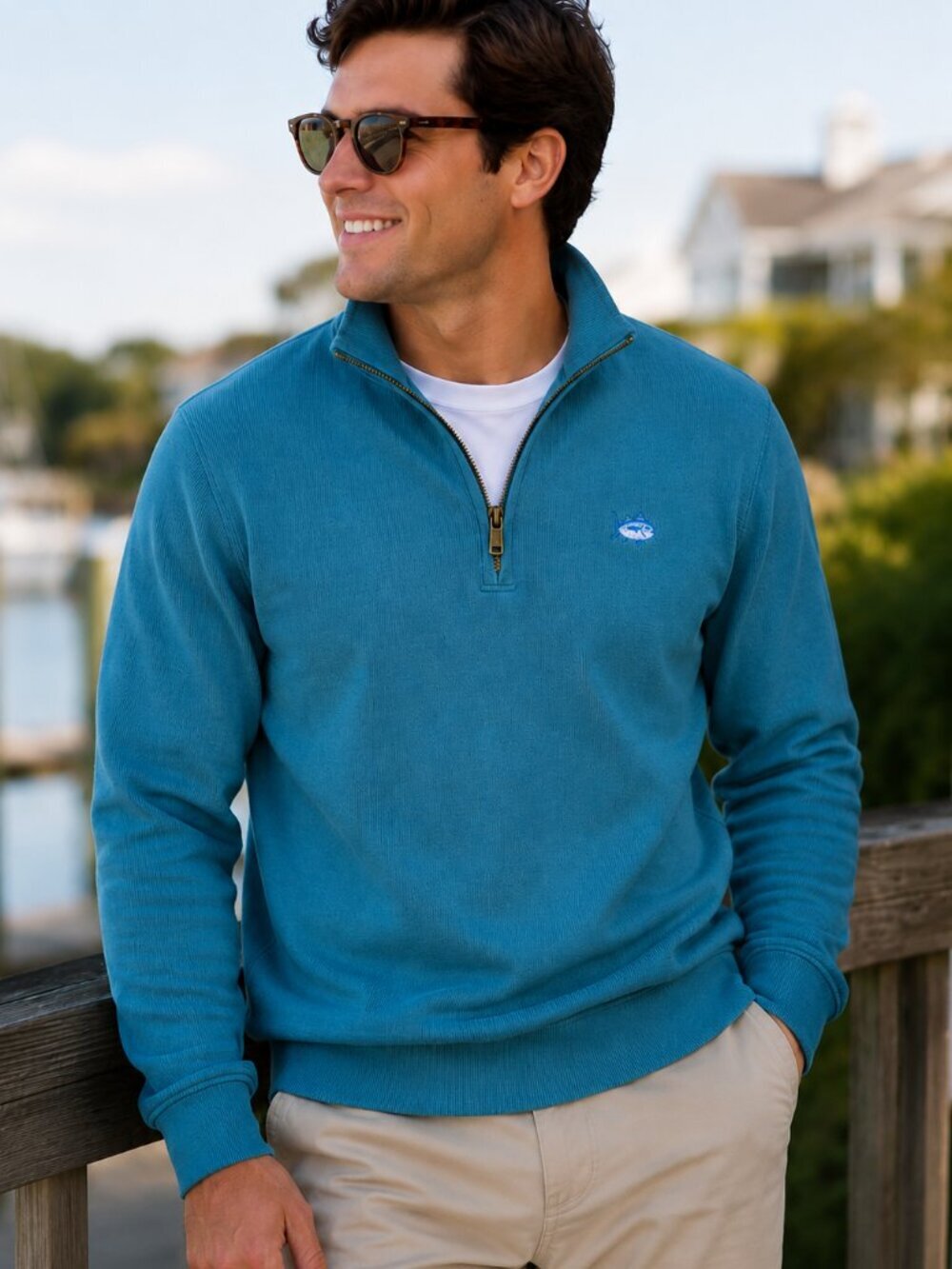 Southern Tide Ribbed 1/4 Zip Pullover Sweater - Blue Coral - Men’s Small